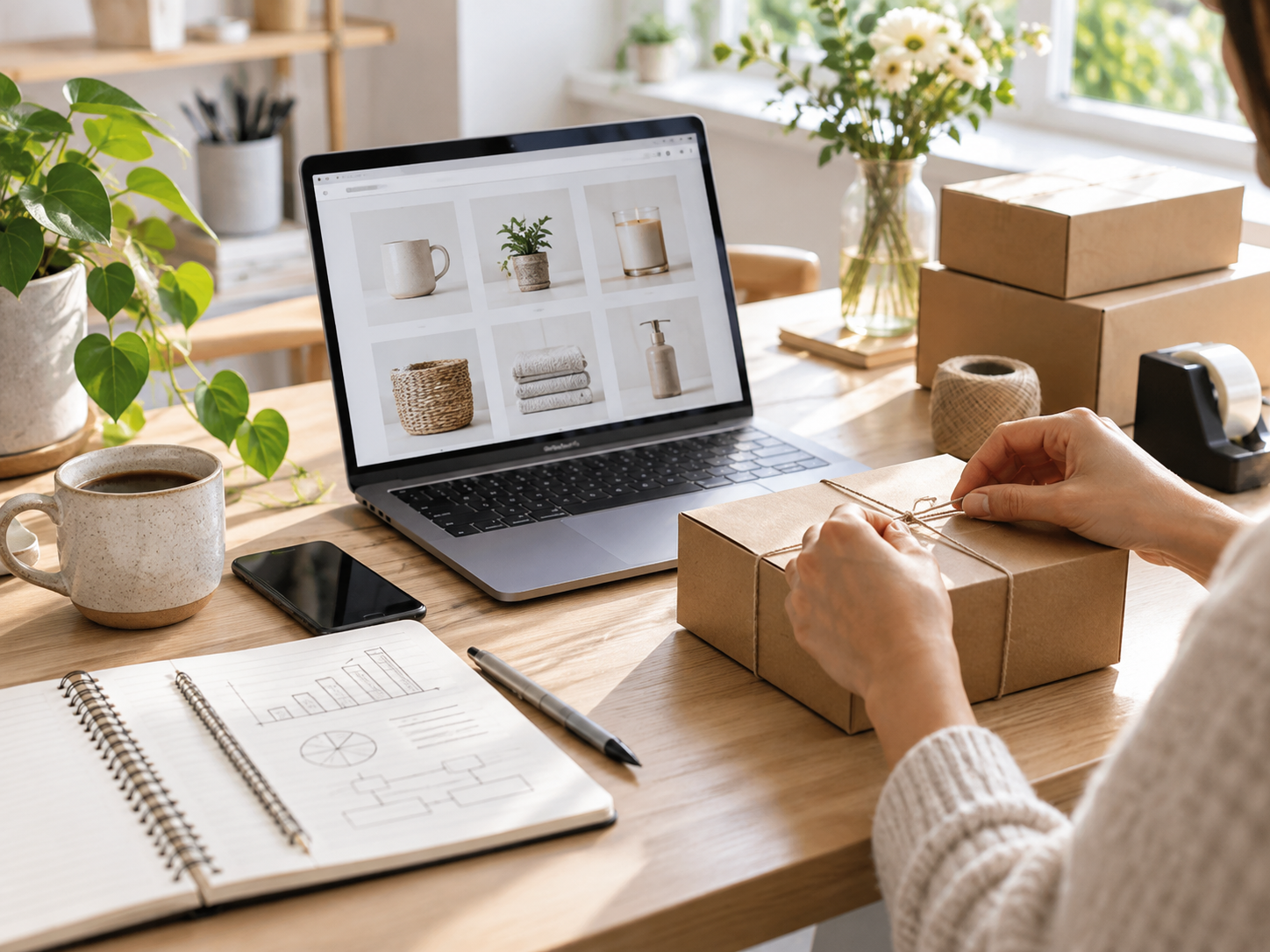 Entrepreneur preparing an online store with brand planning and product packaging