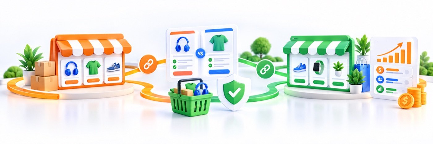 Illustration of two affiliate storefront routes connected to product comparison and commission tools