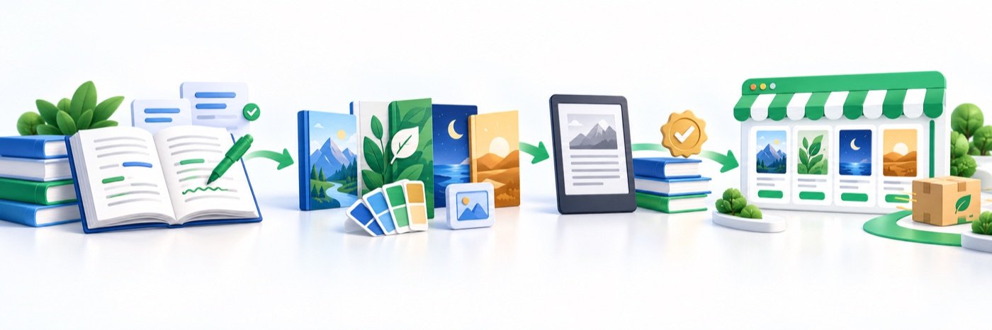 Illustration of manuscripts, ebook covers and digital publishing storefront preparation