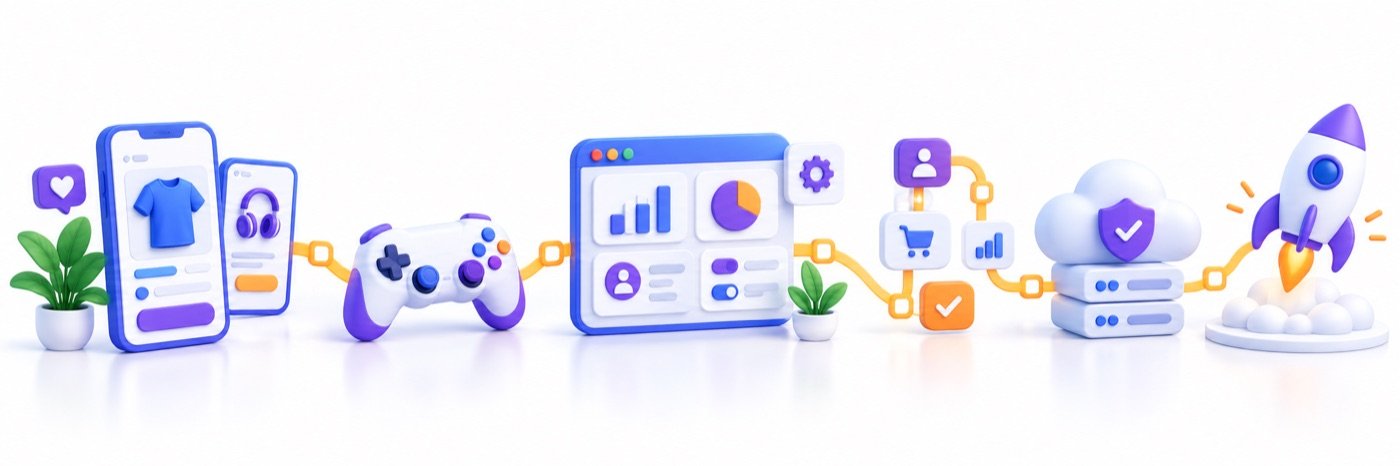 Illustration of mobile apps, game development and SaaS systems moving towards launch