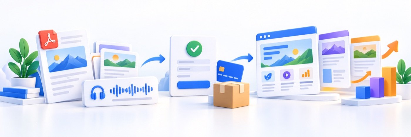Illustration of downloadable products moving through a branded sales and delivery journey