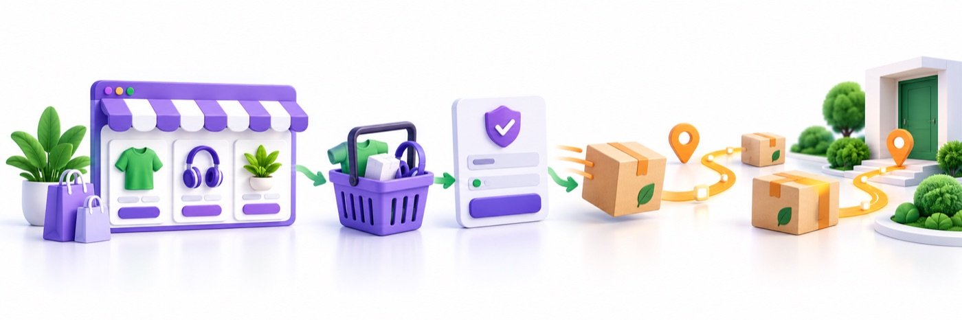 Illustration of an online store connected to secure checkout and parcel fulfilment