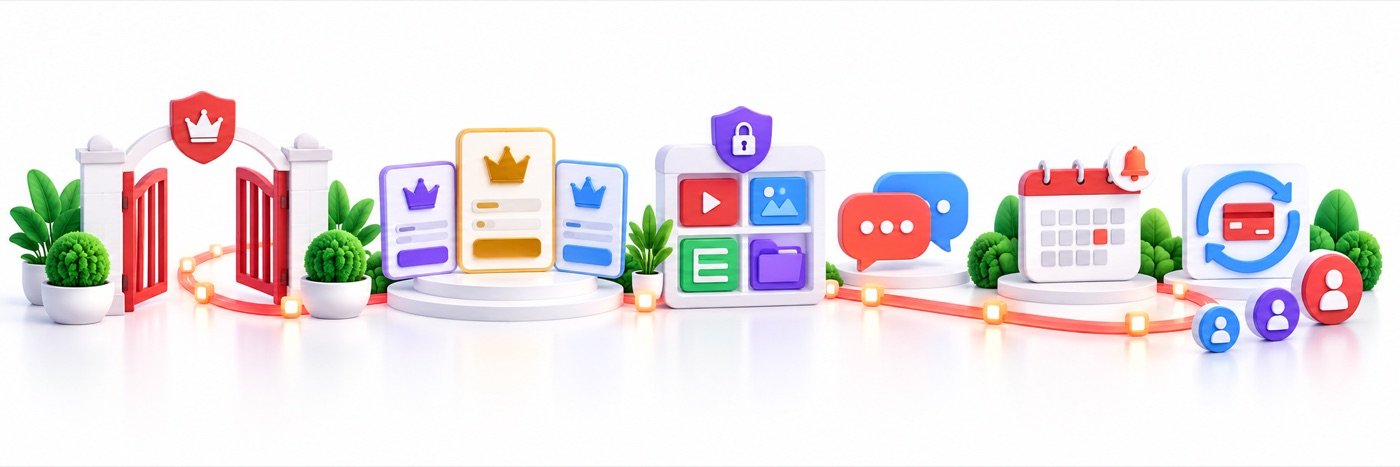 Illustration of tiered membership access, protected content, community and recurring billing