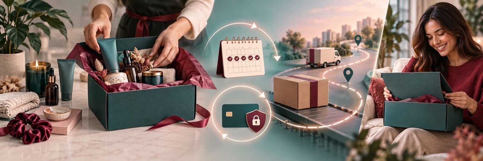 Premium subscription box being curated, billed securely, delivered and enjoyed by a monthly subscriber