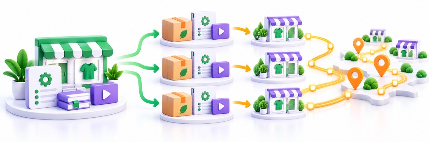 Illustration of one business system expanding into a connected partner and franchise network
