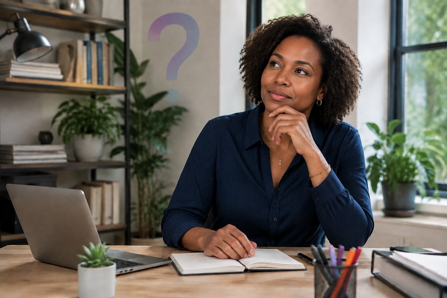 Entrepreneur thoughtfully considering a business question in her workspace