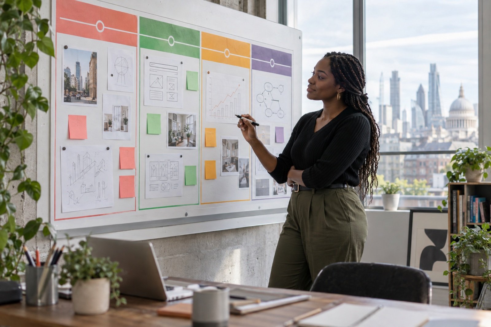 A London entrepreneur reviewing a four-stage plan for starting, building, growing and scaling a business