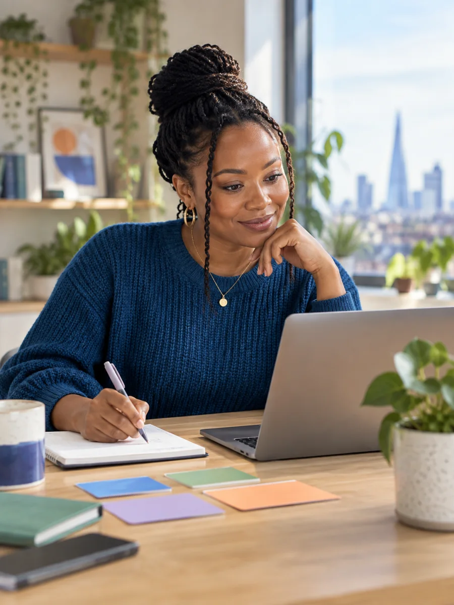 Entrepreneur following a practical business how-to guide at her laptop