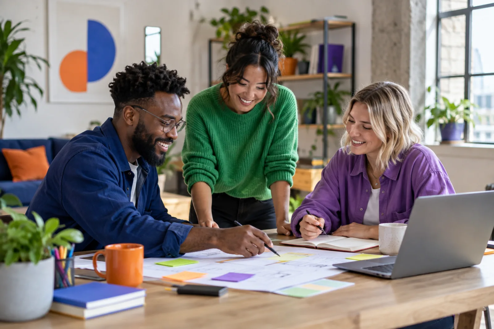 Entrepreneurs working together through a practical business plan in a creative workshop
