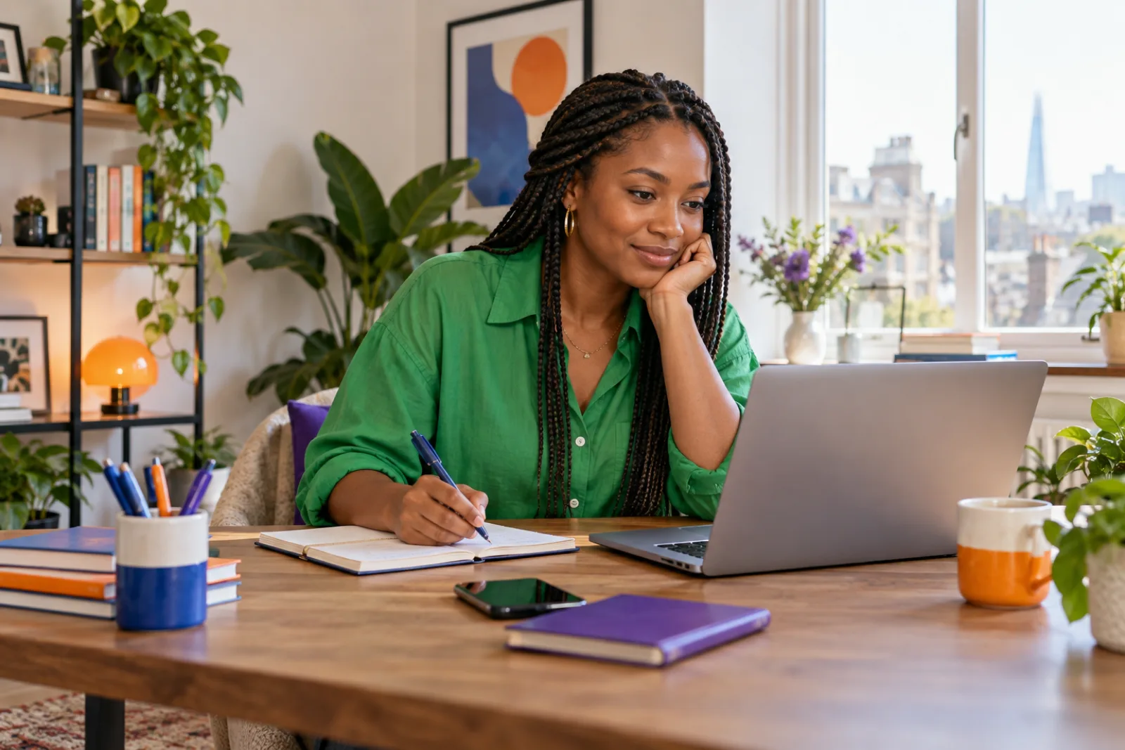 Entrepreneur researching guidance and recording practical business actions