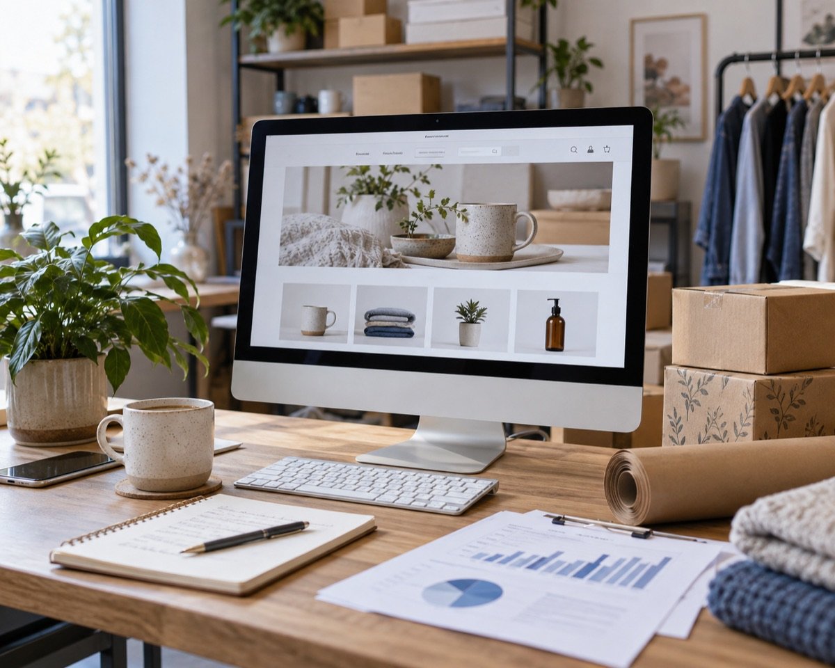 Established online store workspace with printed business charts