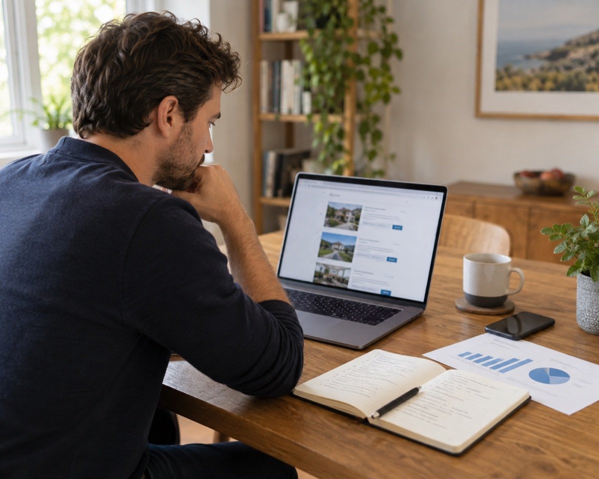 Buyer reviewing website listings and business information at a desk