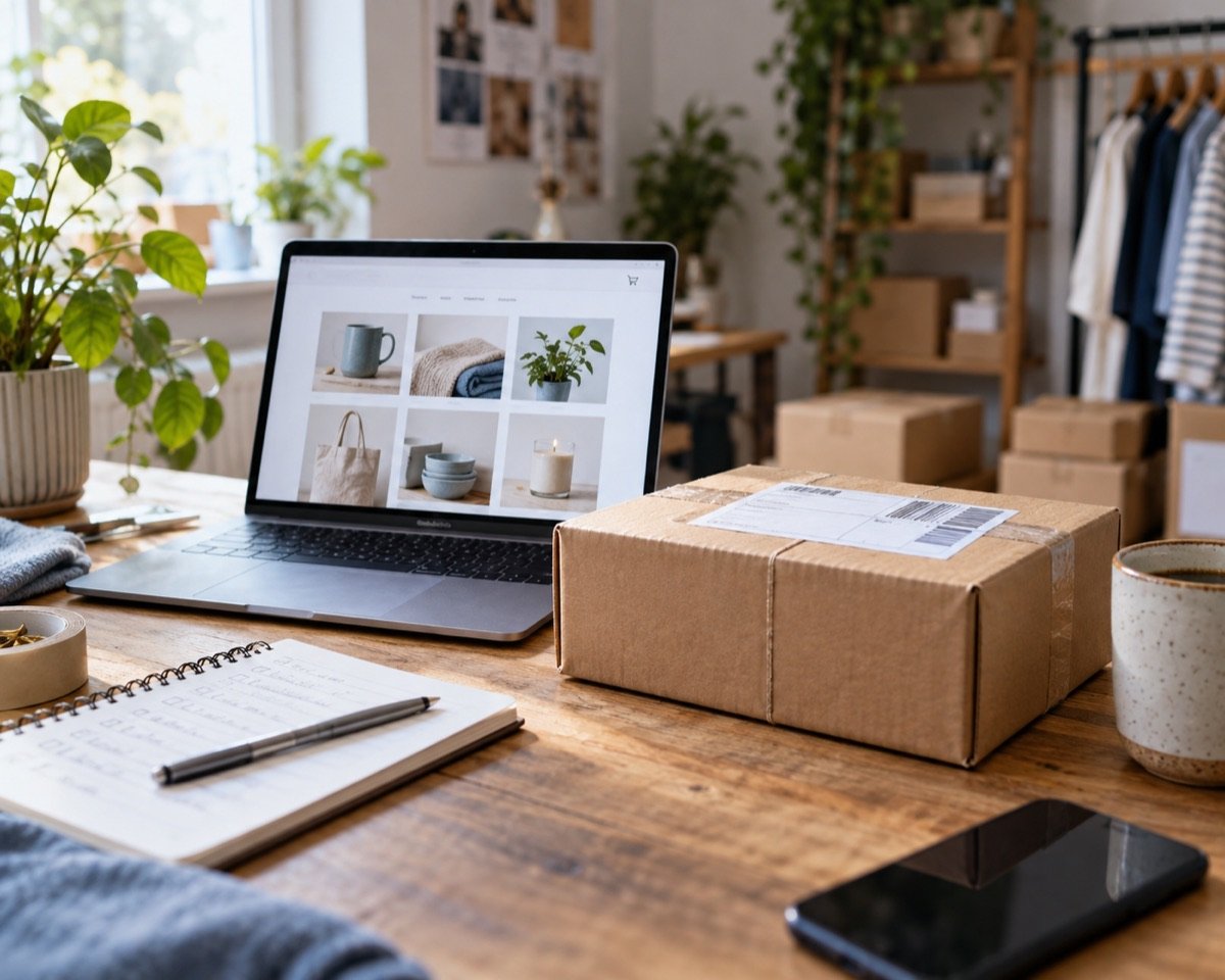 Online storefront beside a parcel ready for fulfilment