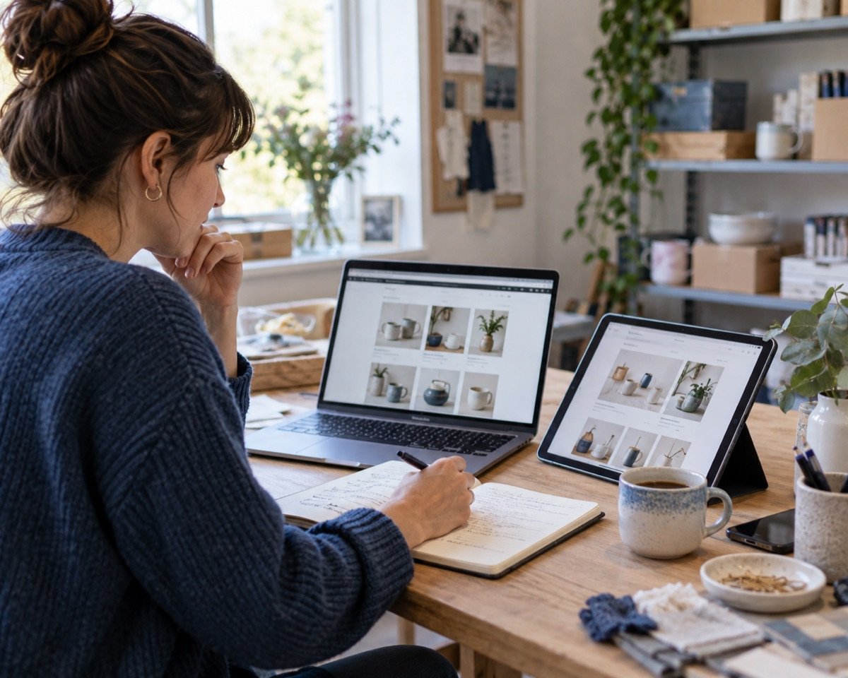 Business owner comparing website storefronts on a laptop and tablet