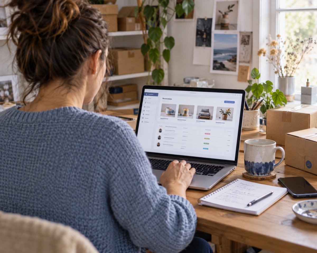 Seller managing website listings on a laptop