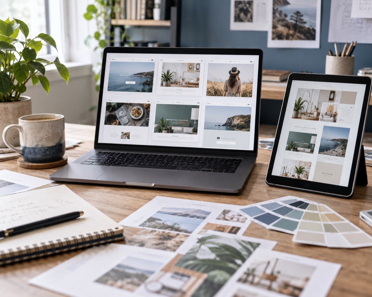 Website theme concepts displayed on a laptop and tablet