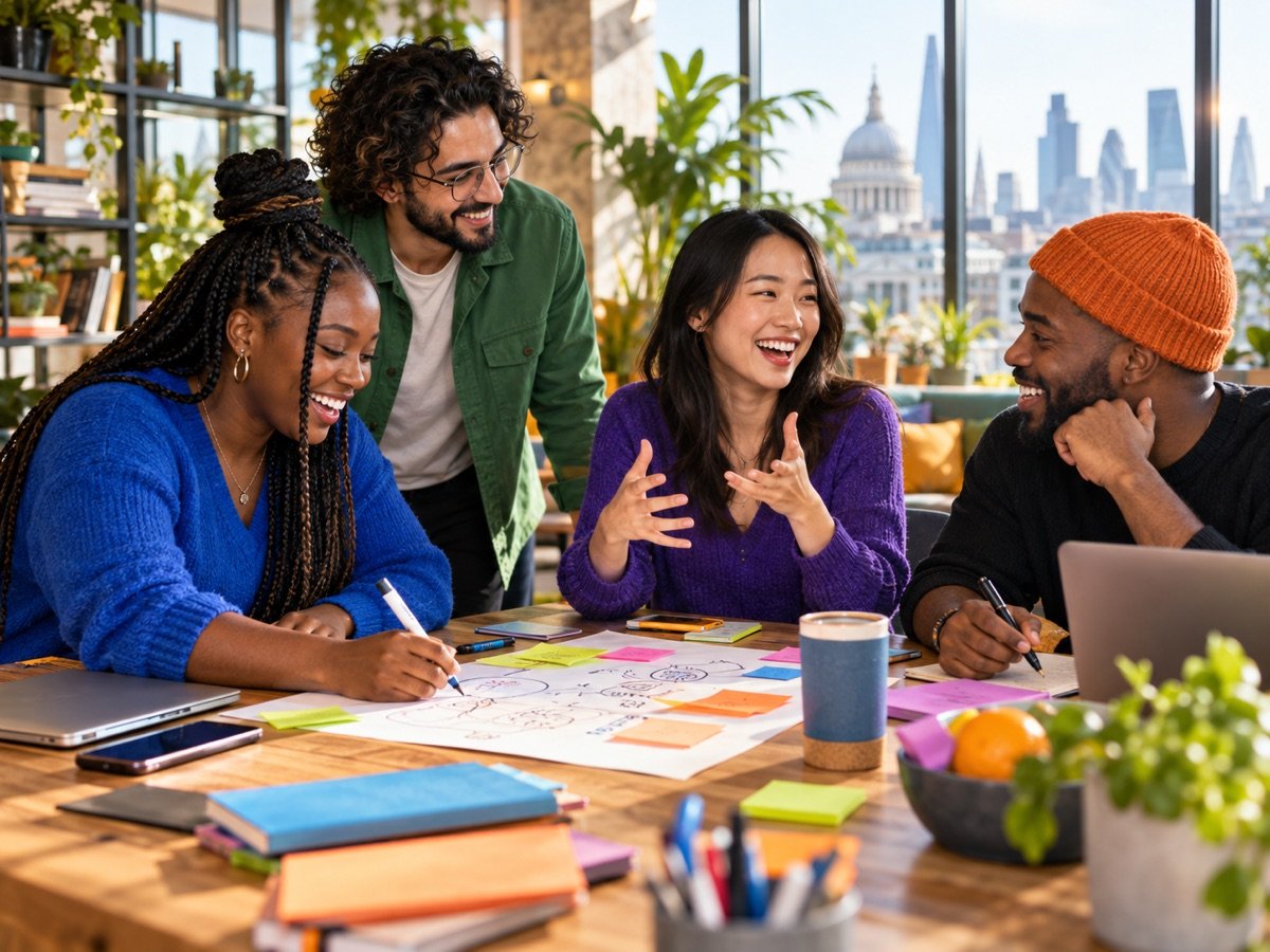 A lively, diverse group of UK entrepreneurs collaborating in a colourful London workspace