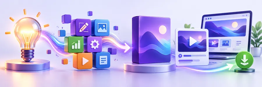 Digital Product Creation practical online course visual showing the journey from learning to a finished digital result