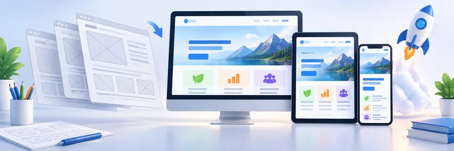 Website Design practical online course visual showing the journey from learning to a finished digital result