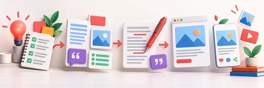 Writing & Content Creation practical online course visual showing the journey from learning to a finished digital result