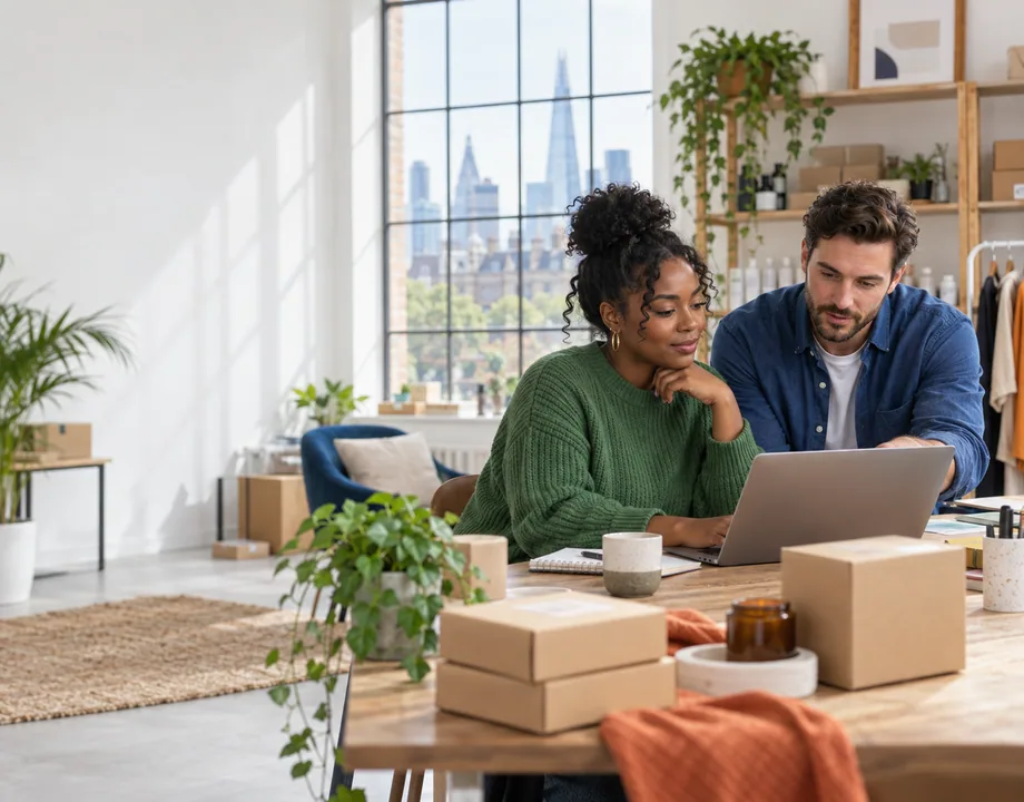 E-commerce founder and BROel specialist reviewing an online store in a London workspace