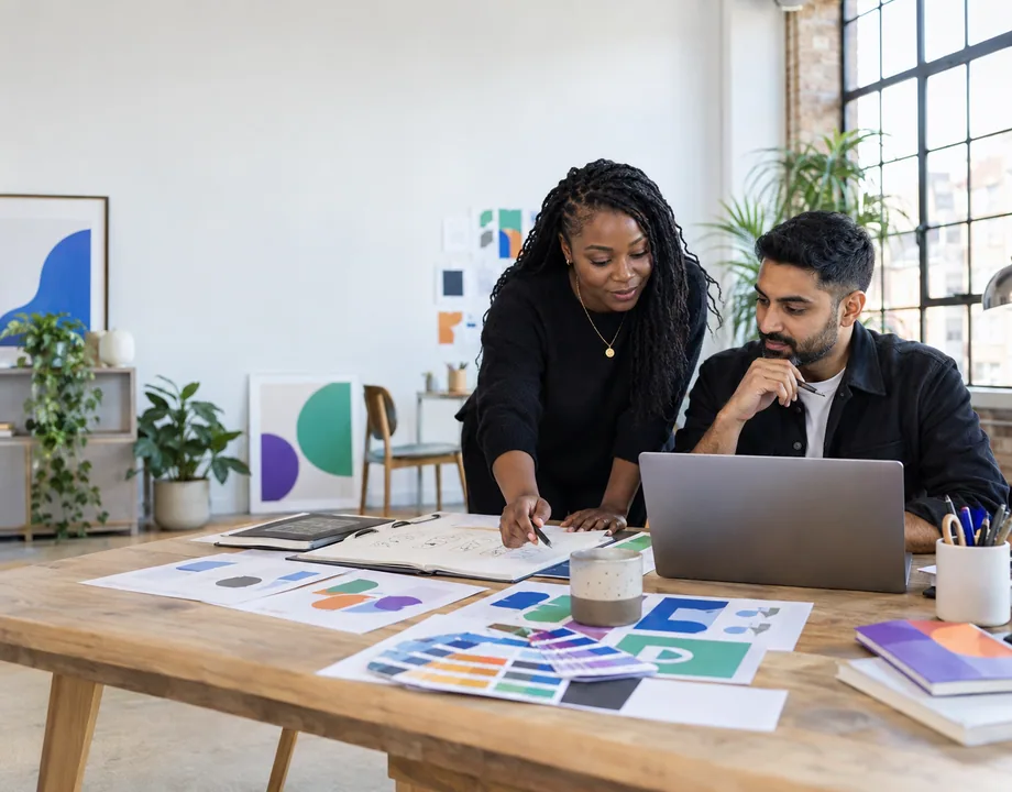 BROel creative director and business owner reviewing logo concepts and brand colours