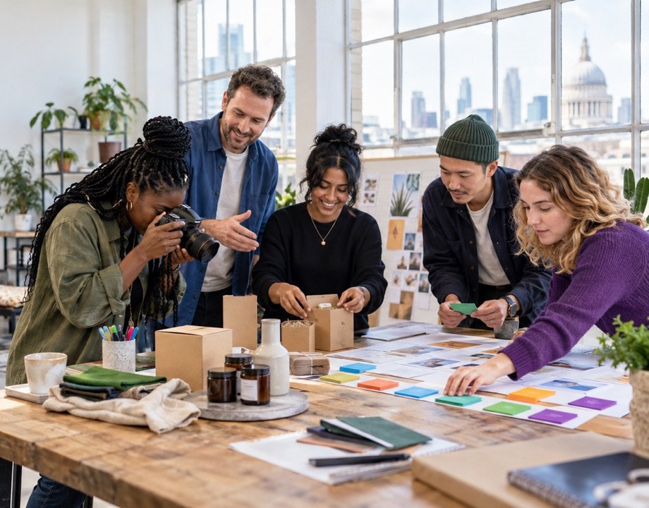 Entrepreneurs creating and testing real business assets in a practical London workshop